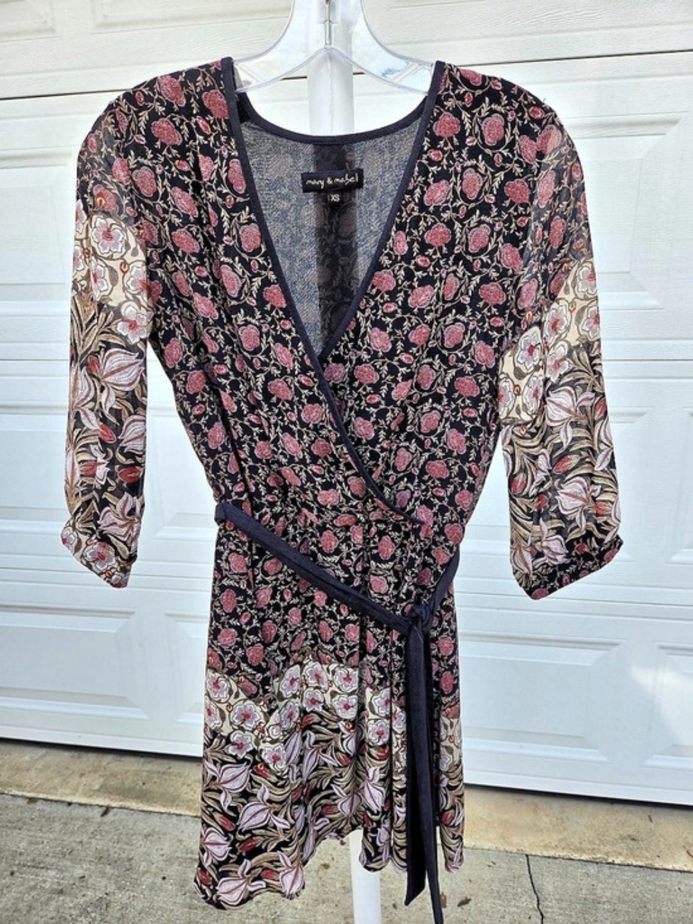 mary & mabel Floral Wrap Mini Dress in Black & Pink Size XS
